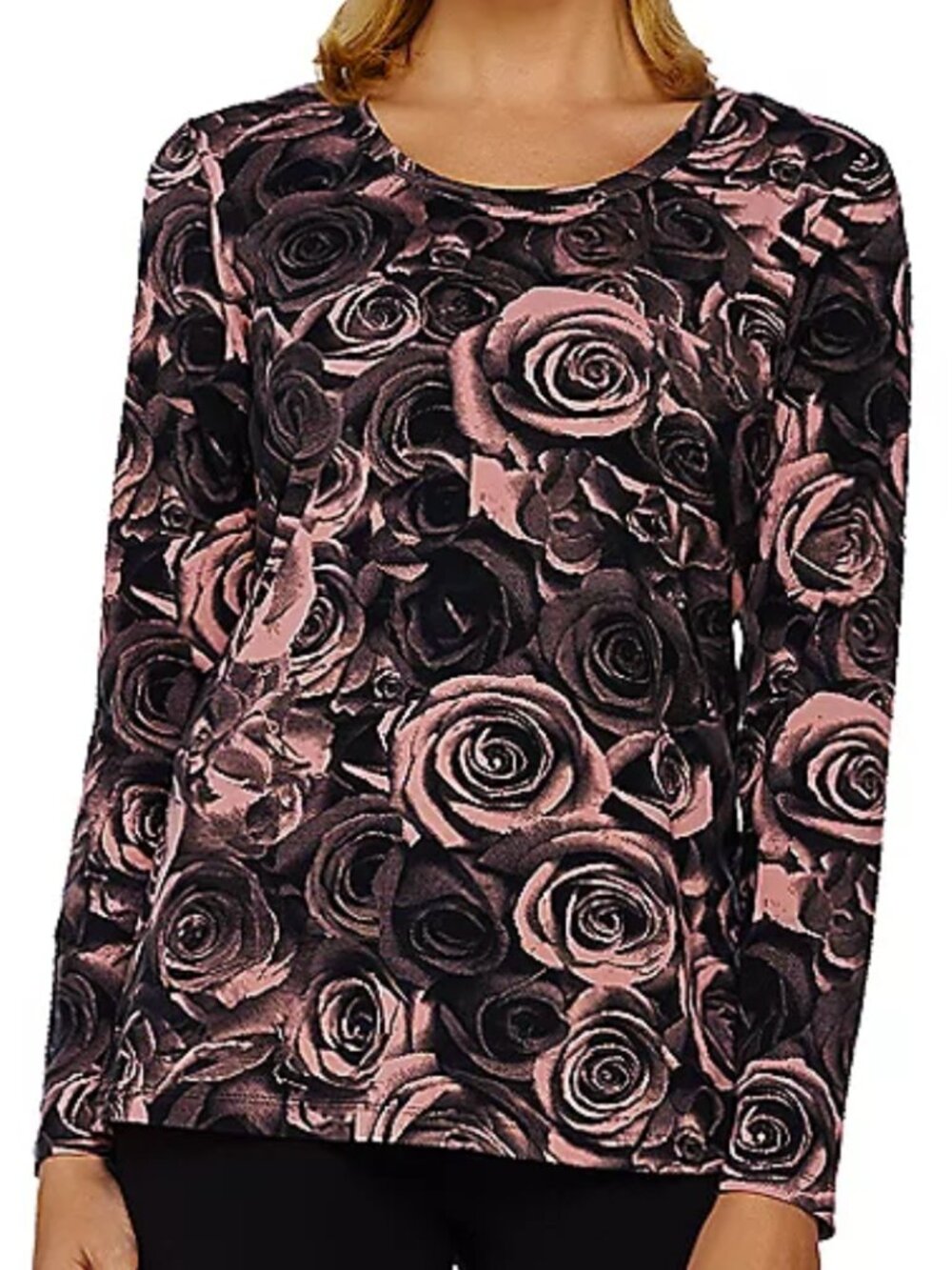 Denim & Co. Rose Printed Scoop Neck Long Sleeve Top  16718